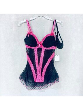 Womens Babydoll Lingerie Set Small Pink Black Lace Cut Out Front Bra Top 90s y2k